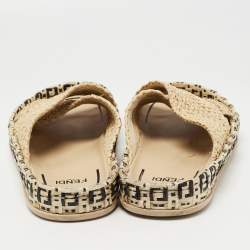 Fendi Beige Crisscross Raffia Zucca Espadrille Flat Slides Size 39