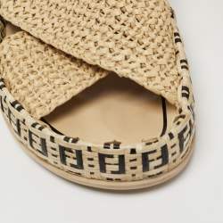 Fendi Beige Crisscross Raffia Zucca Espadrille Flat Slides Size 39