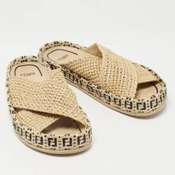 Fendi Beige Crisscross Raffia Zucca Espadrille Flat Slides Size 39