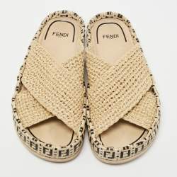 Fendi Beige Crisscross Raffia Zucca Espadrille Flat Slides Size 39