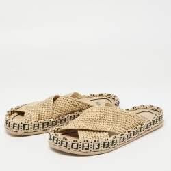 Fendi Beige Crisscross Raffia Zucca Espadrille Flat Slides Size 39