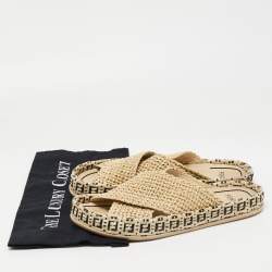 Fendi Beige Crisscross Raffia Zucca Espadrille Flat Slides Size 39
