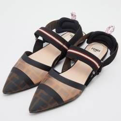 Pre Owned Fendi Black/Brown Zucca Mesh and Fabric Colibri Slingback Flats Size 37.5