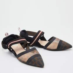 Pre Owned Fendi Black/Brown Zucca Mesh and Fabric Colibri Slingback Flats Size 37.5