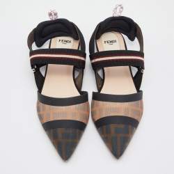 Pre Owned Fendi Black/Brown Zucca Mesh and Fabric Colibri Slingback Flats Size 37.5