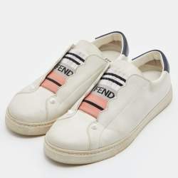 Pre Owned Fendi White Leather Logo Knit Rockoko Scallop Detail Slip On Sneakers Size 37