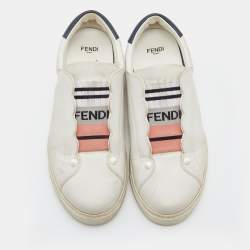Pre Owned Fendi White Leather Logo Knit Rockoko Scallop Detail Slip On Sneakers Size 37
