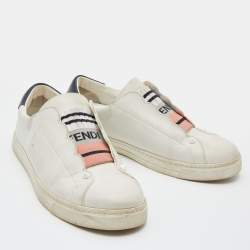Pre Owned Fendi White Leather Logo Knit Rockoko Scallop Detail Slip On Sneakers Size 37
