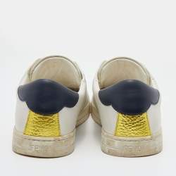Pre Owned Fendi White Leather Logo Knit Rockoko Scallop Detail Slip On Sneakers Size 37