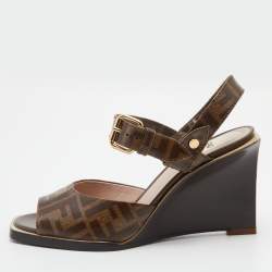 Pre Owned Fendi Brown Zucca Coated Canvas Motif Logo Wedge Ankle Strap Sandals Size 36