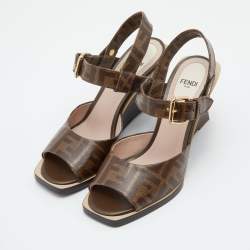 Pre Owned Fendi Brown Zucca Coated Canvas Motif Logo Wedge Ankle Strap Sandals Size 36