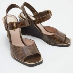 Pre Owned Fendi Brown Zucca Coated Canvas Motif Logo Wedge Ankle Strap Sandals Size 36