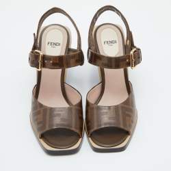 Pre Owned Fendi Brown Zucca Coated Canvas Motif Logo Wedge Ankle Strap Sandals Size 36