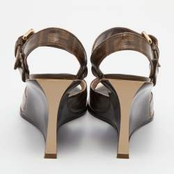 Pre Owned Fendi Brown Zucca Coated Canvas Motif Logo Wedge Ankle Strap Sandals Size 36