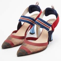 Pre Owned Fendi Multicolor Zucca Mesh and Fabric Colibri Slingback Pumps Size 36.5