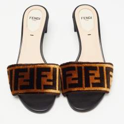 Pre Owned Fendi Brown Zucca Velvet Slide Sandals Size 36