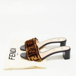 Pre Owned Fendi Brown Zucca Velvet Slide Sandals Size 36
