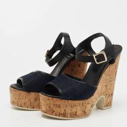 Fendi Navy Blue/Black Denim and Lizard Embossed Leather Cork Wedge Platform Sandals Size 36