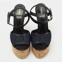 Fendi Navy Blue/Black Denim and Lizard Embossed Leather Cork Wedge Platform Sandals Size 36