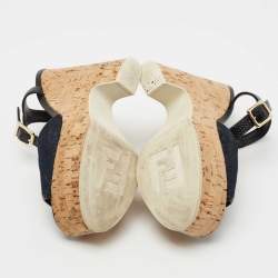 Fendi Navy Blue/Black Denim and Lizard Embossed Leather Cork Wedge Platform Sandals Size 36