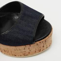 Fendi Navy Blue/Black Denim and Lizard Embossed Leather Cork Wedge Platform Sandals Size 36