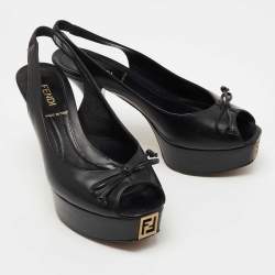 Pre Owned Fendi Black Leather Fendista Peep Toe Platform Slingback Pumps Size 35.5