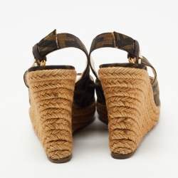 Fendi Brown Zucca Canvas Open Toe Espadrille Wedge Slingback Sandals Size 35