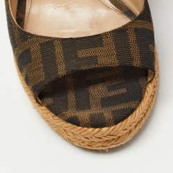 Fendi Brown Zucca Canvas Open Toe Espadrille Wedge Slingback Sandals Size 35