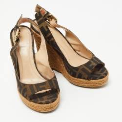 Fendi Brown Zucca Canvas Open Toe Espadrille Wedge Slingback Sandals Size 35
