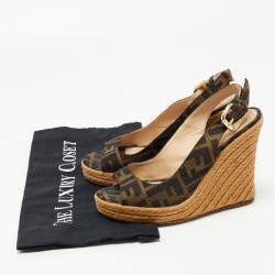 Fendi Brown Zucca Canvas Open Toe Espadrille Wedge Slingback Sandals Size 35
