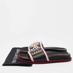 مملوكة مسبقًا Fendi Black/Pink Leather and Fabric Studded Logo Flat Slides Size 39