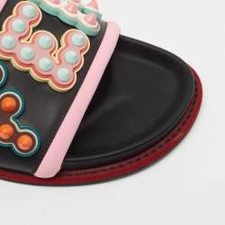 مملوكة مسبقًا Fendi Black/Pink Leather and Fabric Studded Logo Flat Slides Size 39