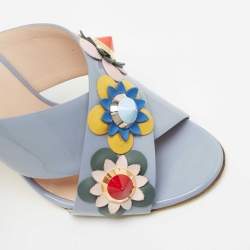 Pre Owned Fendi Light Blue Patent Leather Flowerland Slide Sandals Size 37