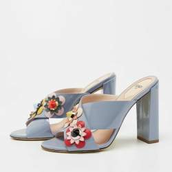 Pre Owned Fendi Light Blue Patent Leather Flowerland Slide Sandals Size 37