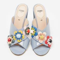 Pre Owned Fendi Light Blue Patent Leather Flowerland Slide Sandals Size 37