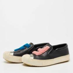 Pre Owned Fendi Black Leather and Shearling Fur FF Fflynn Sneakers Size 39
