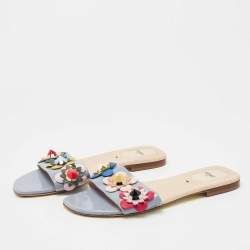 Pre Owned Fendi Blue Patent Leather Flowerland Flat Slides Size 38.5
