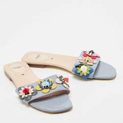 Pre Owned Fendi Blue Patent Leather Flowerland Flat Slides Size 38.5