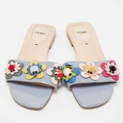 Pre Owned Fendi Blue Patent Leather Flowerland Flat Slides Size 38.5