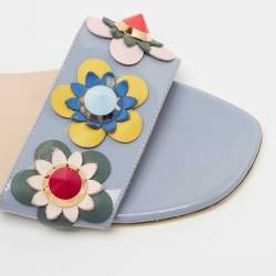 Pre Owned Fendi Blue Patent Leather Flowerland Flat Slides Size 38.5