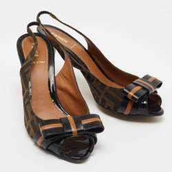 Pre Owned Fendi Brown/Black Zucca Canvas and Leather Bow Peep Toe Slingback Pumps Size 38