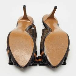 Pre Owned Fendi Brown/Black Zucca Canvas and Leather Bow Peep Toe Slingback Pumps Size 38