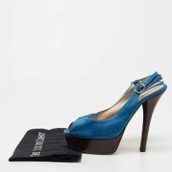 Pre Owned Fendi Blue Glitter Nubuck Leather Fendista Peep Toe Slingback Pumps Size 40