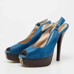 Pre Owned Fendi Blue Glitter Nubuck Leather Fendista Peep Toe Slingback Pumps Size 40