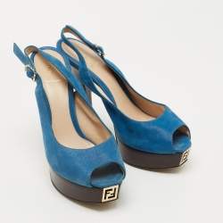 Pre Owned Fendi Blue Glitter Nubuck Leather Fendista Peep Toe Slingback Pumps Size 40
