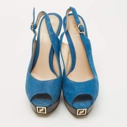 Pre Owned Fendi Blue Glitter Nubuck Leather Fendista Peep Toe Slingback Pumps Size 40