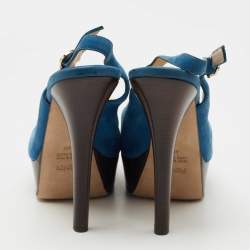 Pre Owned Fendi Blue Glitter Nubuck Leather Fendista Peep Toe Slingback Pumps Size 40