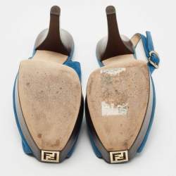 Pre Owned Fendi Blue Glitter Nubuck Leather Fendista Peep Toe Slingback Pumps Size 40