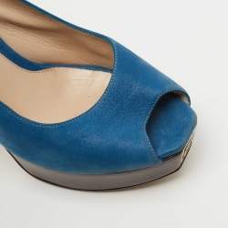 Pre Owned Fendi Blue Glitter Nubuck Leather Fendista Peep Toe Slingback Pumps Size 40
