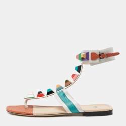 Fendi Multicolor Lizard Embossed and Leather Studded Ankle Cuff Flat Sandals Size 38